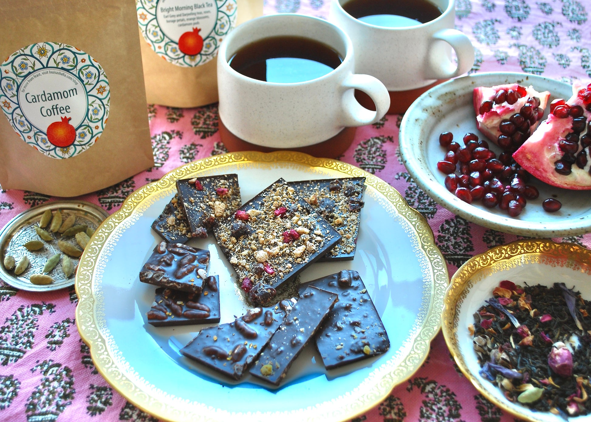 Pomegranate Chocolate Bar with Cups of Cardamom Coffee