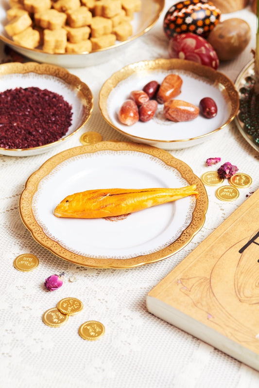 Nowruz Set with Marzipan Goldfish, New Year Coins, Dried Lotus Fruit